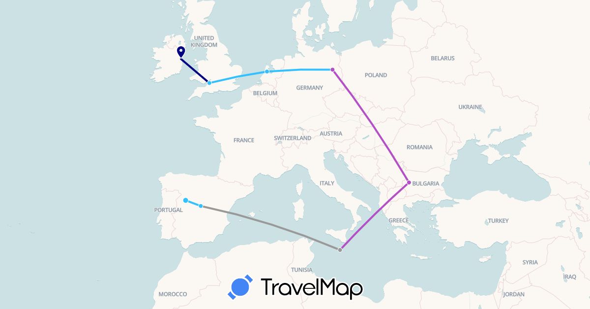 TravelMap itinerary: driving, plane, train, boat in Bulgaria, Germany, Spain, United Kingdom, Ireland, Malta, Netherlands (Europe)